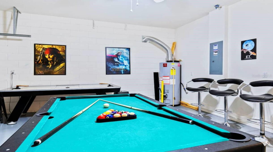 Game room in garage.