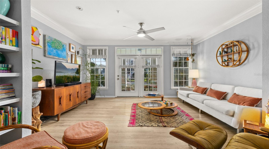 Living Room with Dual Built in Library Shelves