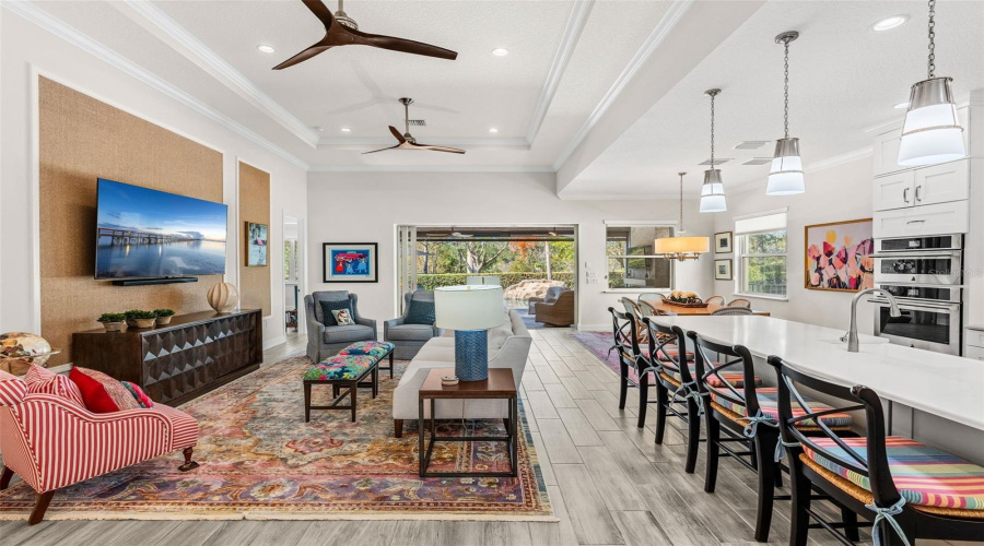 Open living, dining, and kitchen