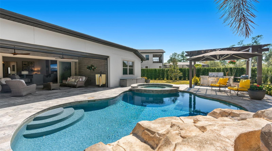 Backyard Oasis with pool, spa, pergola, and summer kitchen