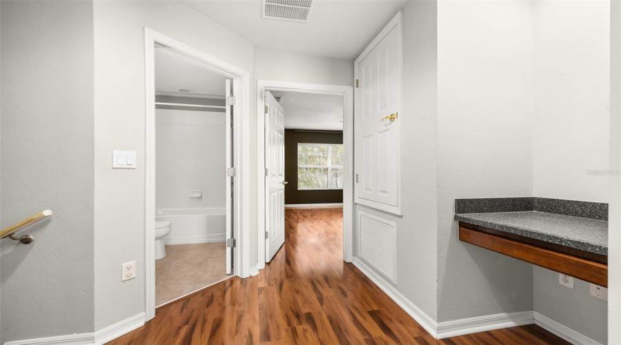 Upstairs landing with built in desk.  Looking to shared Bathroom for Bedrooms 2 & 3.
