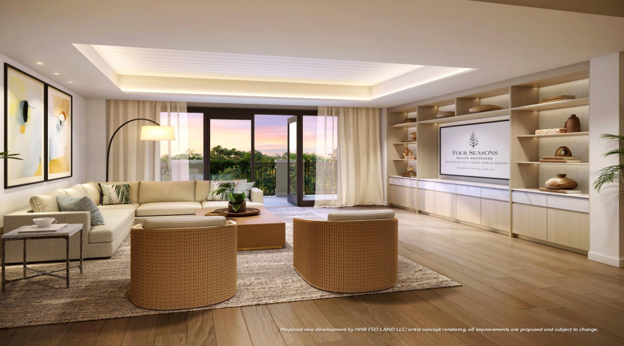 Artist Rendering. Spacious open concept living room with tongue and groove ceiling details and lighting