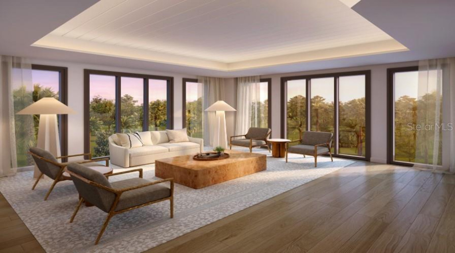 Artist Rendering. Spacious open concept living room with tongue and groove ceiling details and lighting