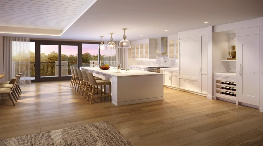 Artist Rendering. Custom frameless contemporary wood cabinetry with full-extension drawer glides, soft-close drawer and doors, complemented by under-cabinet lighting.