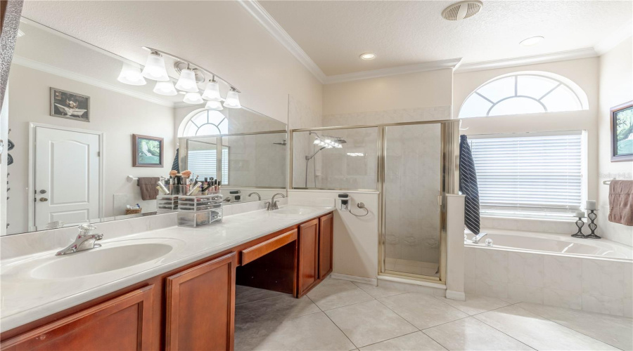 Primary bathroom with dual sinks, vanity area, stand up shower, soaker tub, two walk in closets and private water closet
