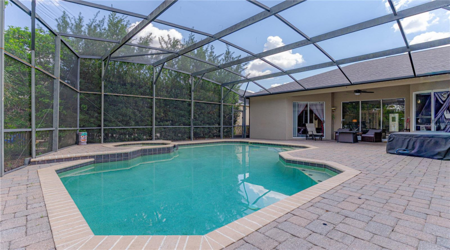 Spacious brick paver deck perfecgt for entertaining. No worries about bugs or leaves with the screened pool cage.