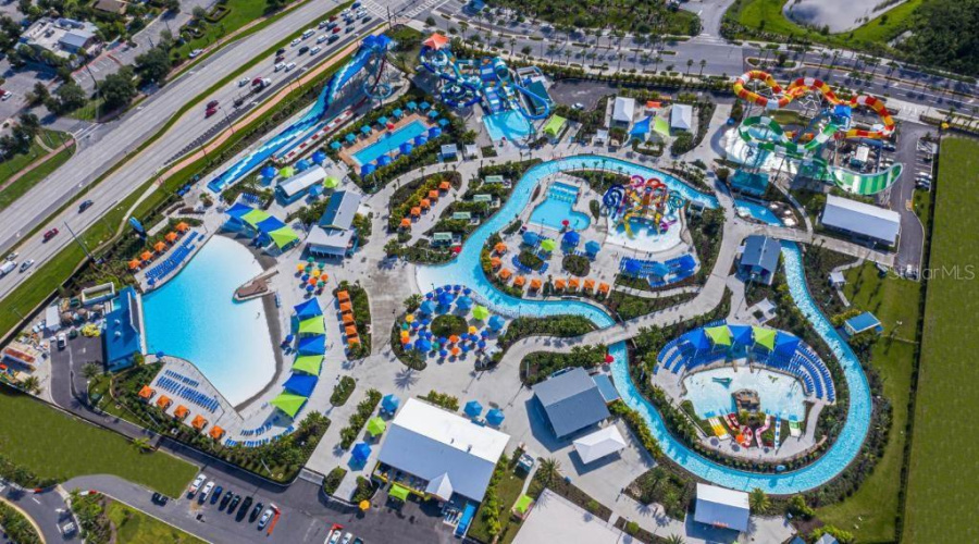 Aerial view of Island H2O Water Park at Margaritaville Resort Orlando near Disney