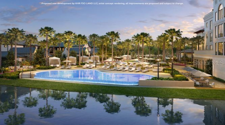 Perfectly situated between the luxe residences and boutique homes will be a lakeside oasis, featuring the pool and spa, rejuvenating water features, privacy cabanas with towel service and indoor-outdoor dining areas with fire pits and lounge seating. Artist concept rendering, all improvements are proposed and subject to change. ©Disney