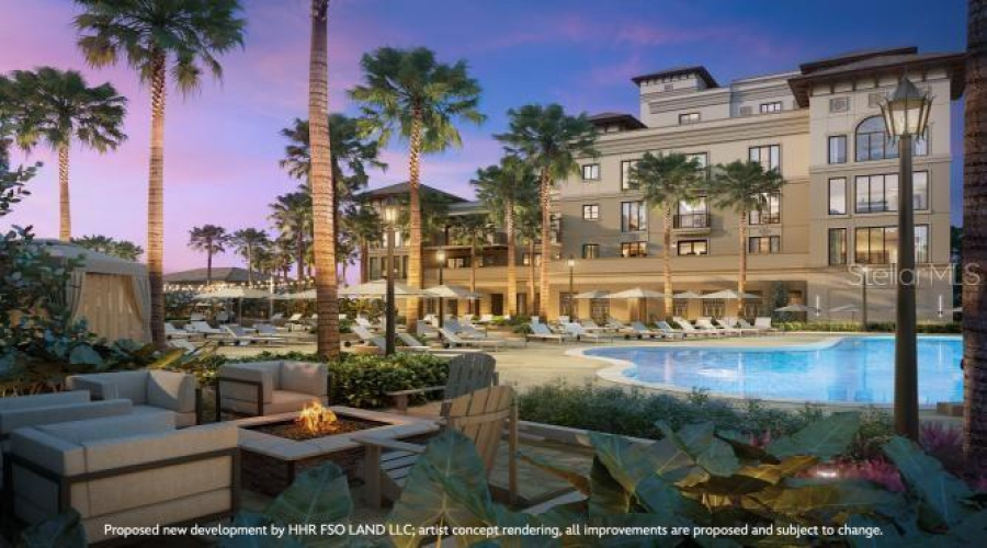 Perfectly situated between the luxe residences and boutique homes will be a lakeside oasis, featuring the pool and spa, rejuvenating water features, privacy cabanas with towel service and indoor-outdoor dining areas with fire pits and lounge seating. Artist concept rendering, all improvements are proposed and subject to change. ©Disney
