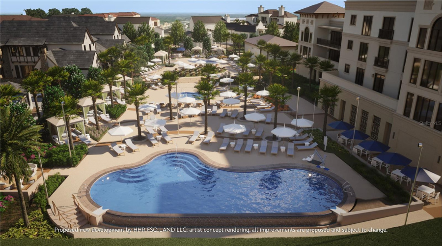 Perfectly situated between the luxe residences and boutique homes will be a lakeside oasis, featuring the pool and spa, rejuvenating water features, privacy cabanas with towel service and indoor-outdoor dining areas with fire pits and lounge seating. Artist concept rendering, all improvements are proposed and subject to change. ©Disney