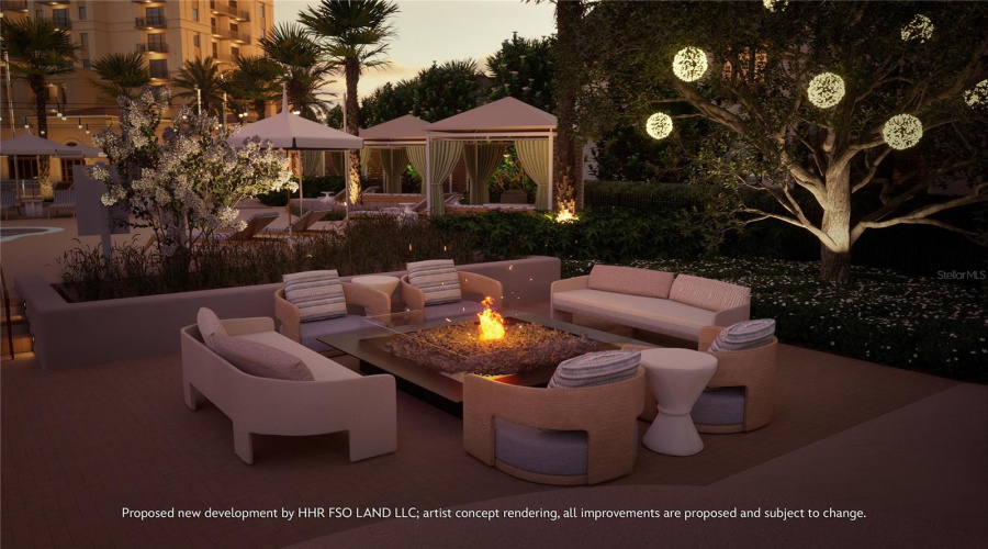 Perfectly situated between the luxe residences and boutique homes will be a lakeside oasis, featuring the pool and spa, rejuvenating water features, privacy cabanas with towel service and indoor-outdoor dining areas with fire pits and lounge seating. Artist concept rendering, all improvements are proposed and subject to change. ©Disney