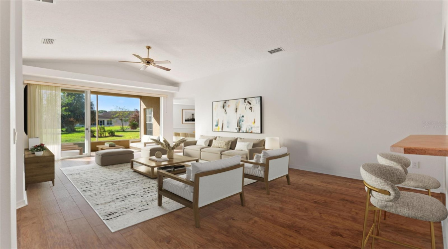 Virtually staged Great Room, Lanai & Office