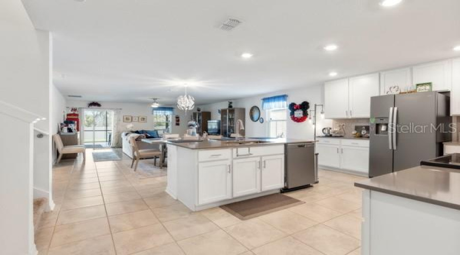 Kitchen, dining and living areas