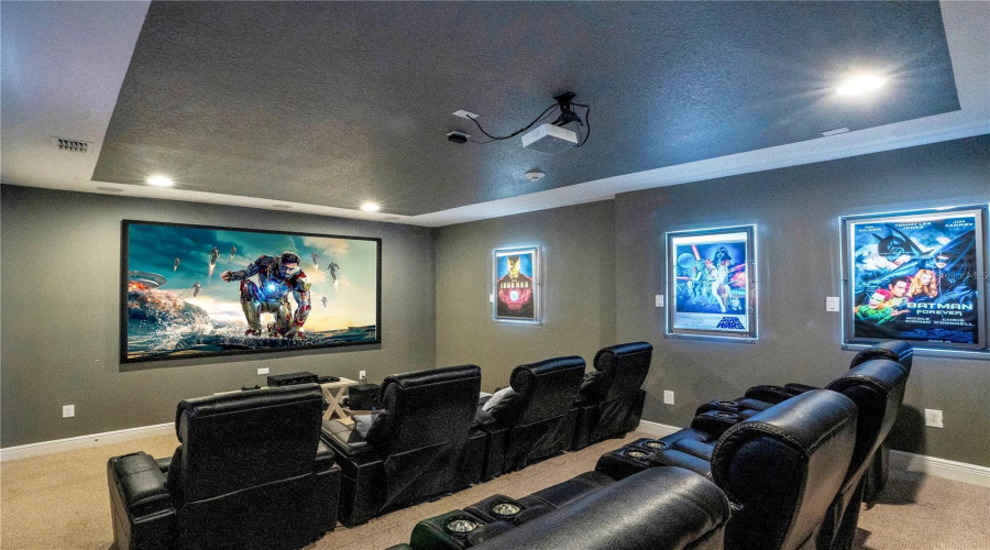 Luxury theater room with projection screen and tiered commercial-grade cinema seating