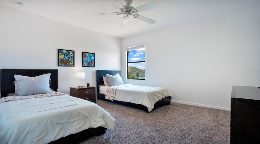 Bedroom with dual beds and bright natural light.