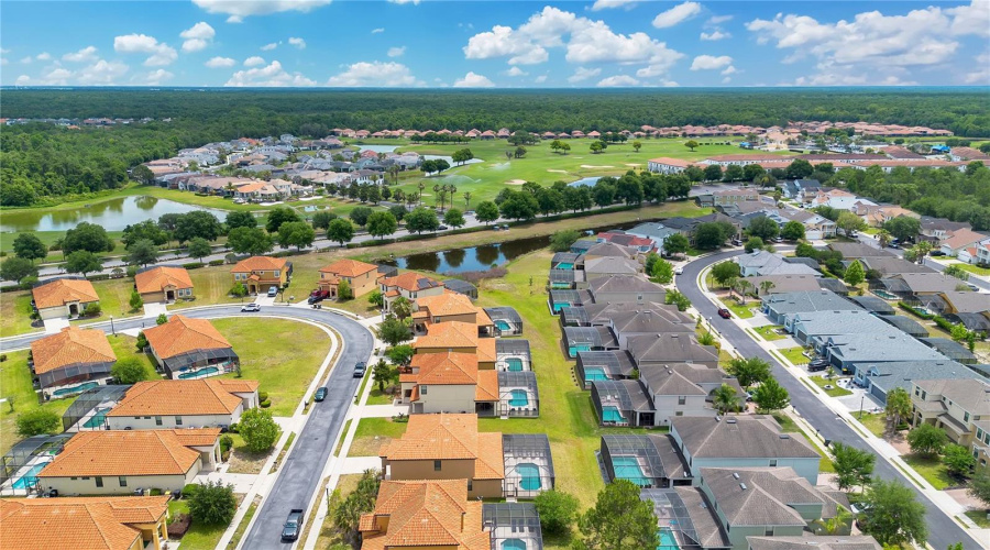 Aerial view of neighborhood with proximity to Central Florida attractions.