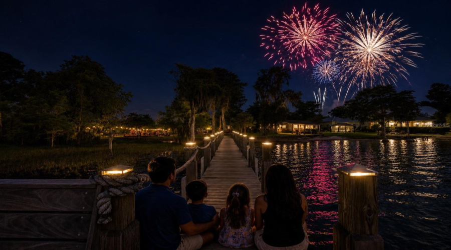 COMMUNITY LAKE DOCK WITH VIEW OF MAGIC KINGDOM FIREWORKS (AI GENERATED)