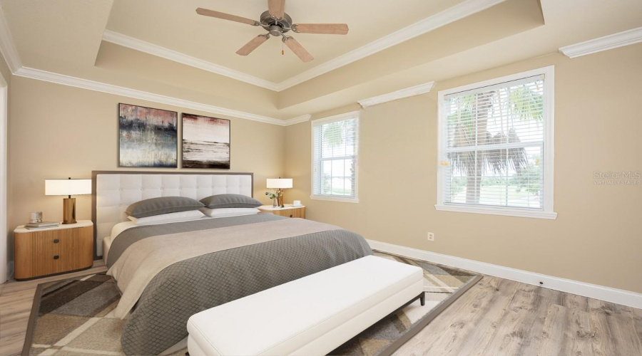 Your PRIMARY SUITE is a true escape – complete with a decorative tray ceiling, crown molding (also in the main living!), a private en-suite bath, and an EXTENDED WALK-IN CLOSET! Virtually Staged.