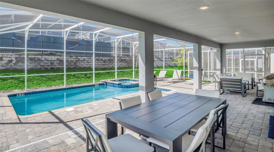Covered seating on the pool deck