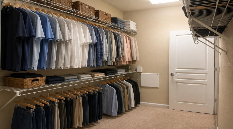 Virtually staged Oversized walk-in closet in primary bedroom
