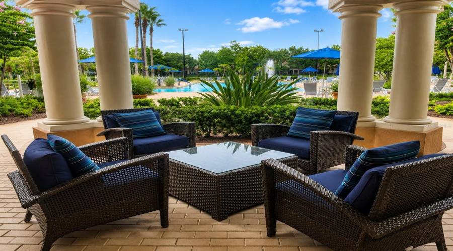 Covered lounge area poolside