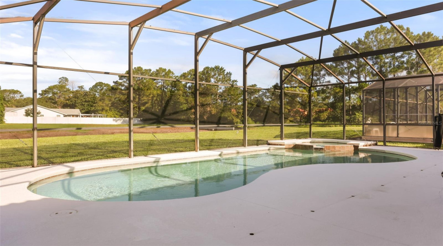 Another view of the screened pool and spa highlighting the tranquil conservation backdrop.