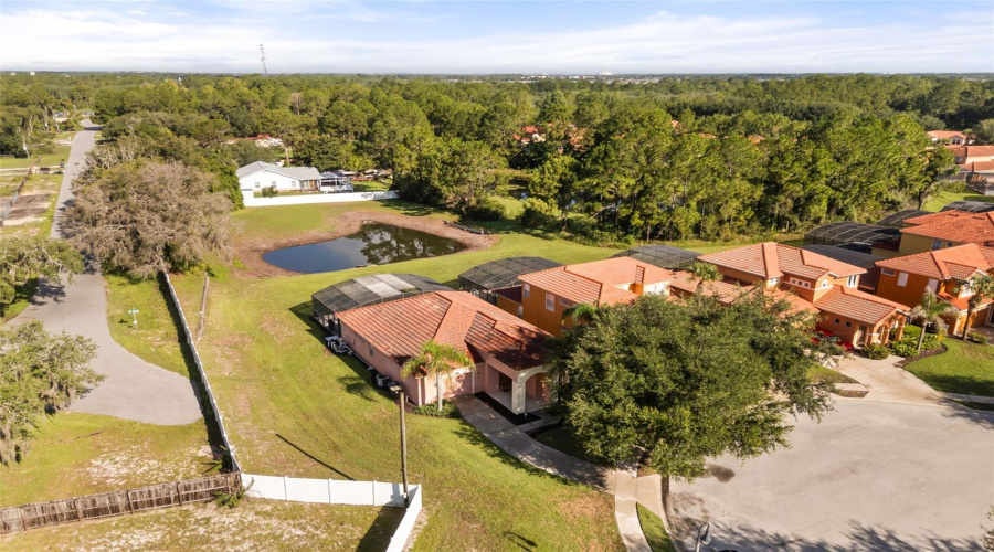 Aerial view showing the oversized lot, conservation setting, and retention pond behind the property providing added privacy.