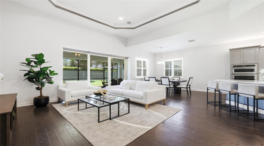 Open Living & Dining Room with 12ft Ceilings