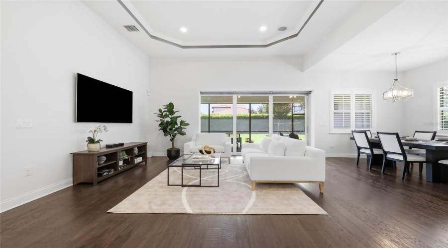 Open Living & Dining Room with 12ft Ceilings