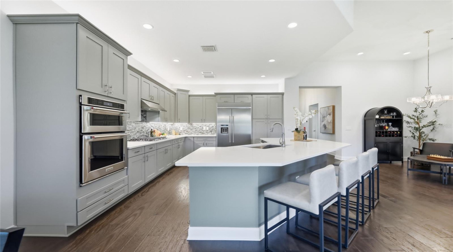 Thoughtfully Designed Kitchen with Built-in Pantry Drawers, Counter Depth Smudge Proof Refrigerator, Accent Lighting, and Lazy Suzan Corner Cabinets to Maximize Space
