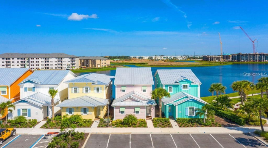 Aerial view of the house and water front