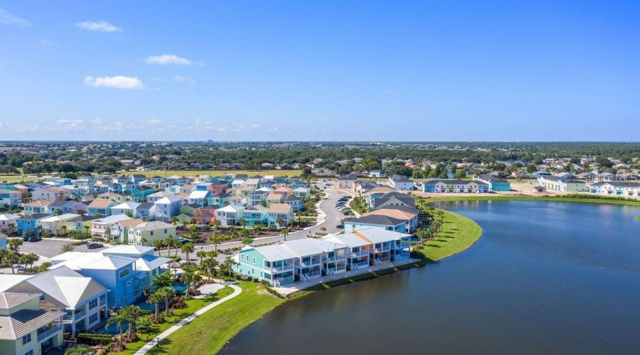 Aerial view of the house and water front