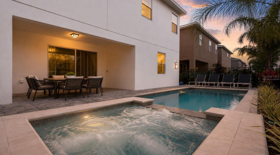 Pool And Hot Tub Area; Outdoor Table Virtual Staged