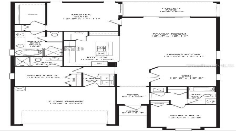 Floor plan shown for layout reference, featuring 3 bedrooms, 3 baths, a den, covered patio, and 2-car garage.