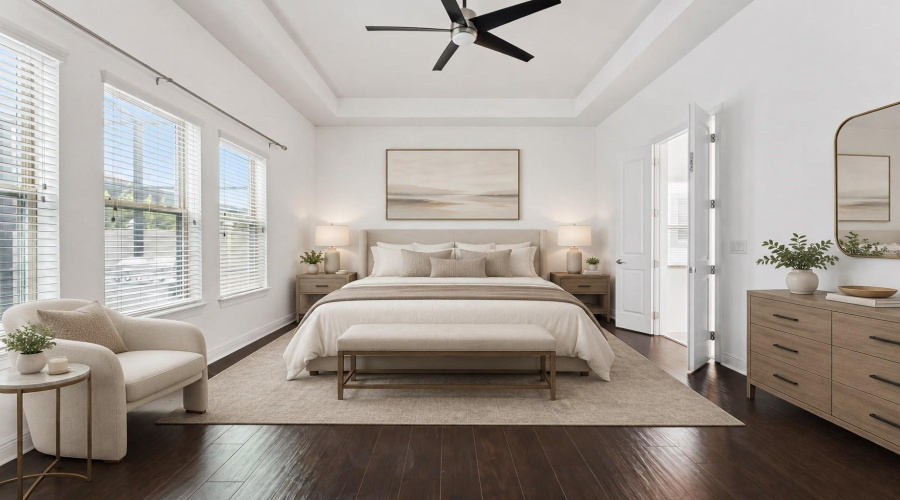 Spacious first-floor primary bedroom filled with abundant natural light.