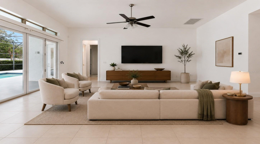 Family room overlooking the pool