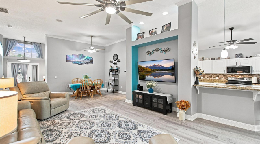 Central Great Room with 12 FT ceiling and virtually staged TV