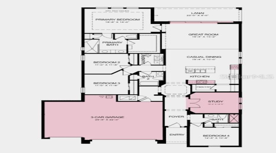 Floor Plan ~ Additional Highlights Include: Gourmet Kitchen, Study With French Doors In Place Of Flex, Pocket Slider At Great Room, Shower At Bath Three, Three-Car Garage, Tray Ceiling Package, 8' Interior Doors, Door At Primary Closet To Laundry, And Whole House Impact Windows