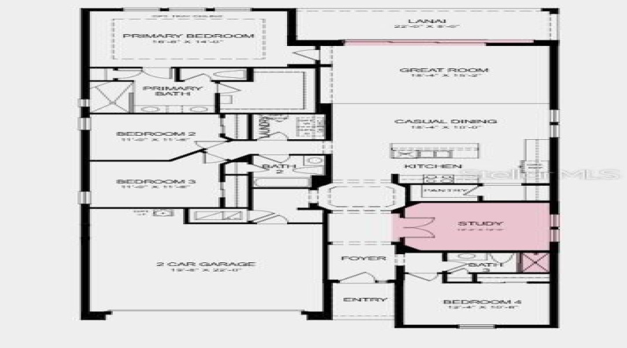 Floor Plan ~ Additional Highlights Include: Tray Ceiling At Primary Suite, Shower In Place Of Tub At Bath 3, Pocket Sliding Glass Doors At Great Room, 8' Interior Doors, Door At Primary Closet To Laundry Room, And Study