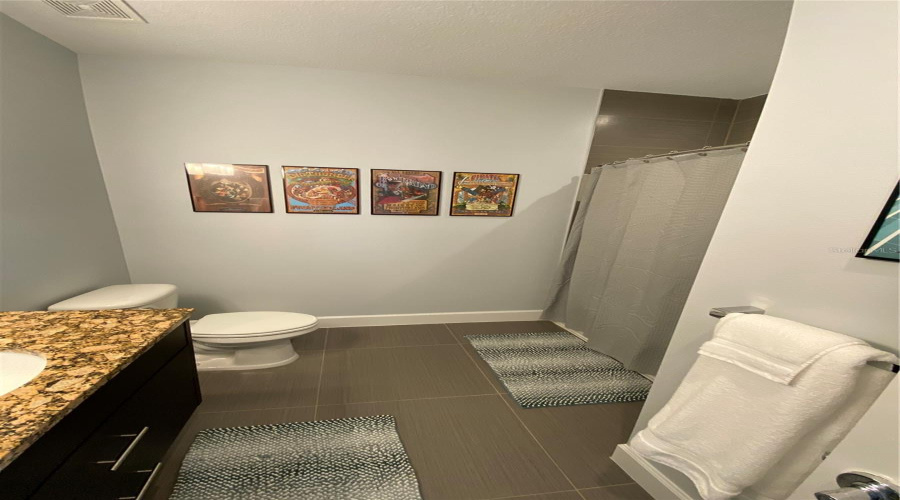 Stylish Guest Bathroom Featuring A Granite Countertop And Modern Finishes.
