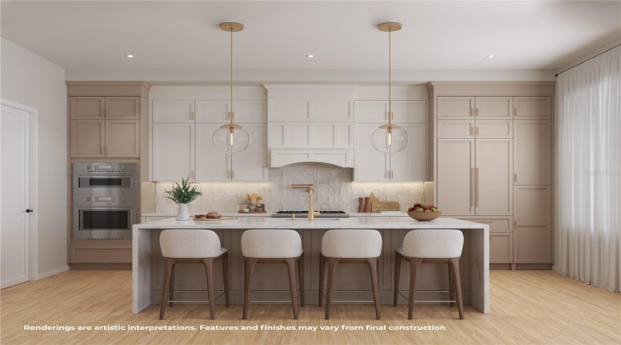 Stunning Modern Kitchen Featuring An Oversized Center Island, Abundant Cabinetry And A Clean, Sophisticated Design.