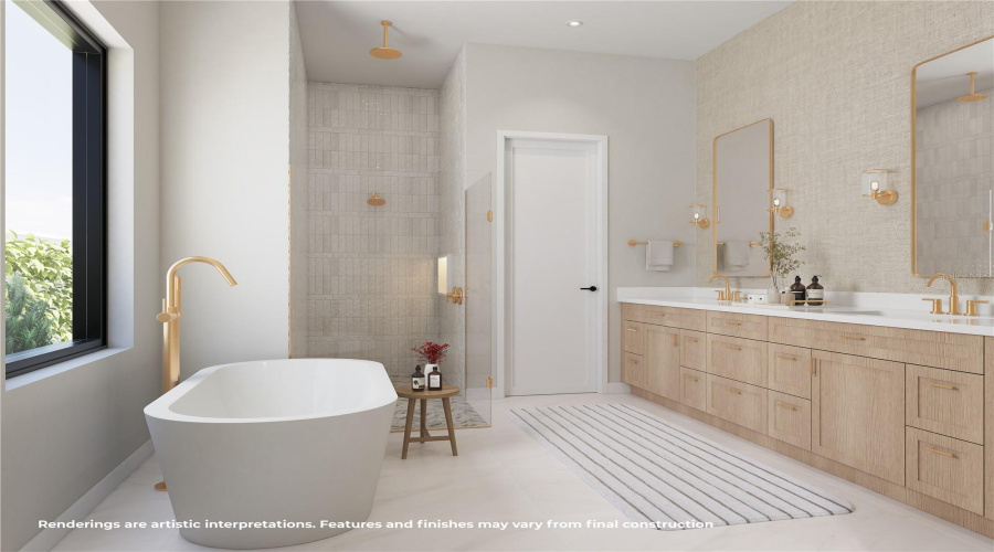Spa-Inspired Primary Bath Highlighted By A Freestanding Soaking Tub, Expansive Vanity And Beautifully Appointed Finishes.