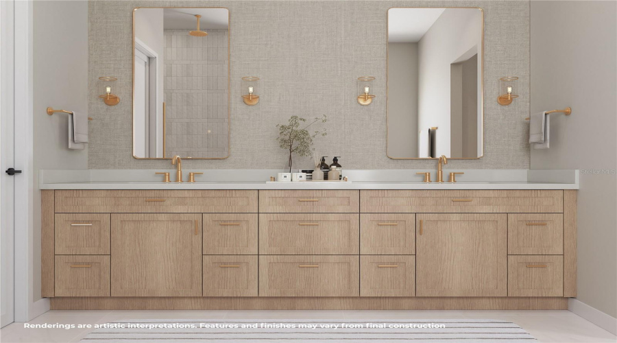 Additional View Of The Spacious Primary Bath Showcasing The Dual-Sink Vanity, Extensive Cabinetry And Modern Design.