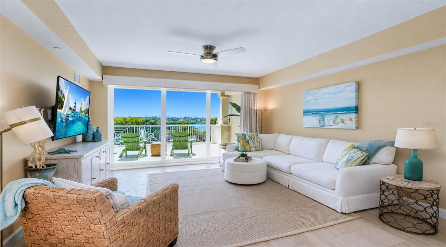 .. 14.6 X 18 Liivng Room With Coffered Ceilings - Plus High Impact Triple Sliders That Recess To A  8 Foot Opening If Needed - Custom 2 Way  Floor To Ceiling Woven Wood Drapes. New Fan..