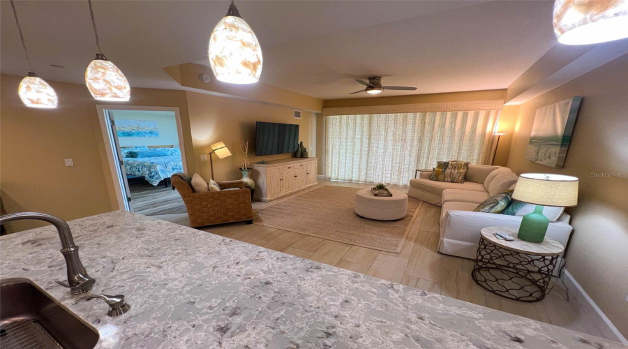 ... Living Room : 18  X 14.6 .. Two Way Custom ' Floor To Ceiling ' Light Filtering Woven Wood Drapes On Balcony Sliders.