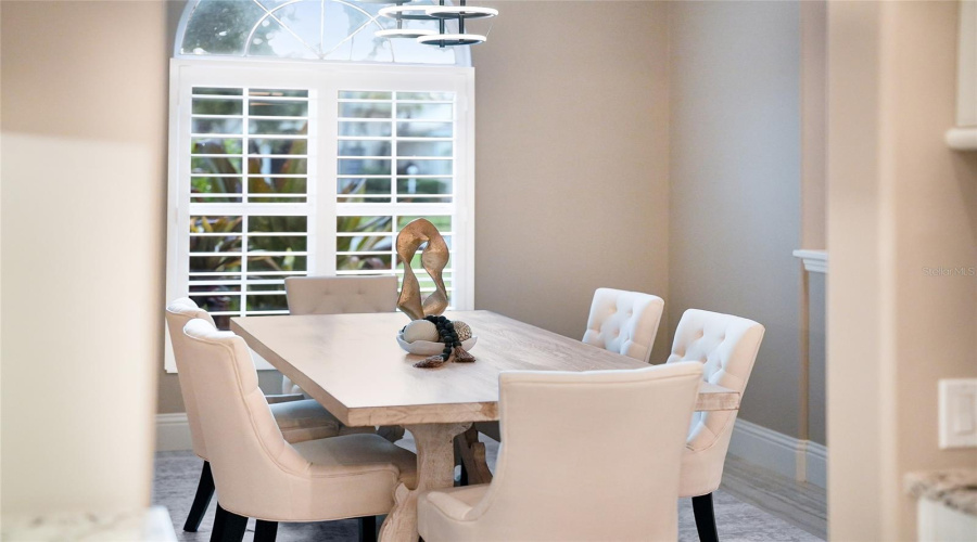 Formal Dining Room With Volume Ceilings And Accent Shiplap Feature Wall