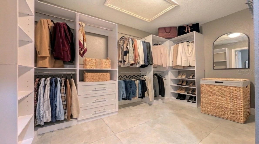 Brand New Closet Shelving. Virtually Staged W/ Clothing, Hamper &Amp; Mirror.