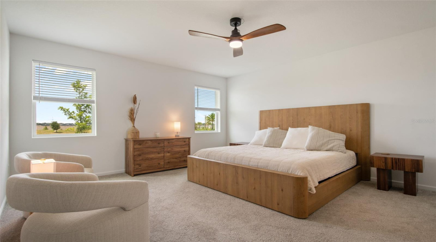 Upon Entering The Primary Suite You Notice The Generous Size, Natural Light With Two Windows, Updated Ceiling Fan And Windows With Privacy Blinds.