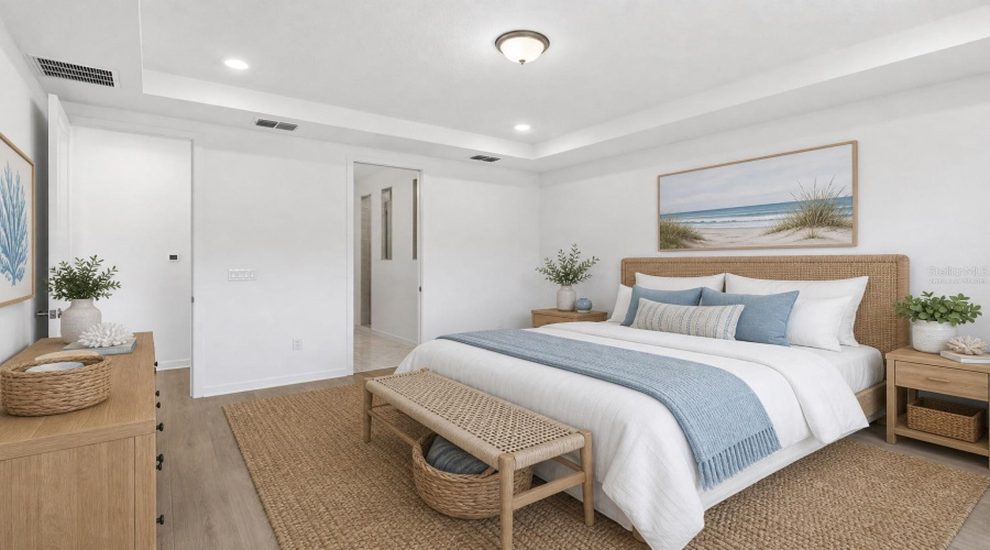 Virtually Staged Primary Suite With Soft Natural Light And A Calm, Comfortable Feel.