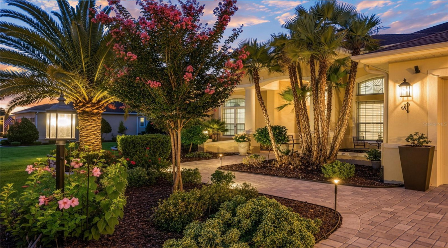 Front Exterior View @ Twilight/Dusk - Shows Beautiful Landscaping Accents With Landscape Lighting Near The Pavered Walkway &Amp; Driveway.